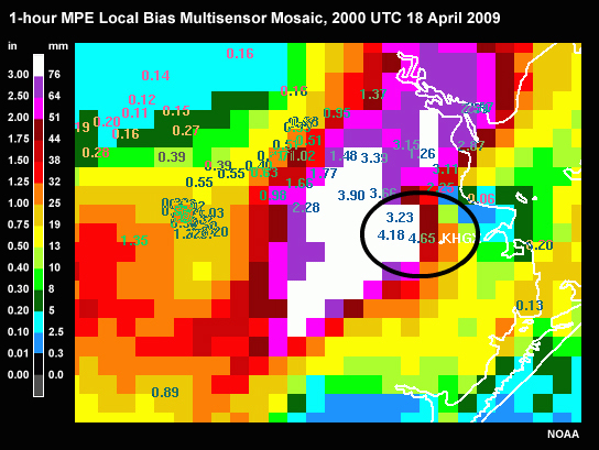 1-hour MPE Local Bias Multisensor Mosaic, 2000 UTC 18 April 2009