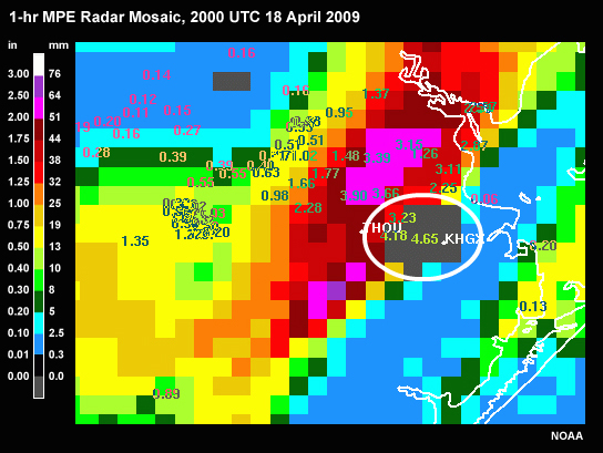 1-hour MPE Radar Mosaic, 2000 UTC 18 April 2009