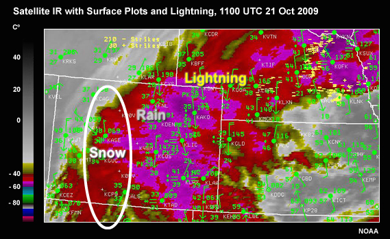 Surface IR from 21 Oct 2009 1100 UTC showing ares of snow, rain and lightning.