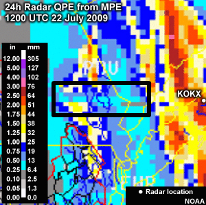 MPE 24-h Radar Precip from KOKX radar as of 1200 UTC 22 July 2009 showing corrected beam blockage.