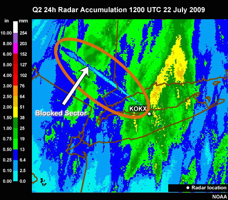 Q2 24-h Radar Precip from KOKX radar as of 1200 UTC 22 July 2009 showing beam blockage.