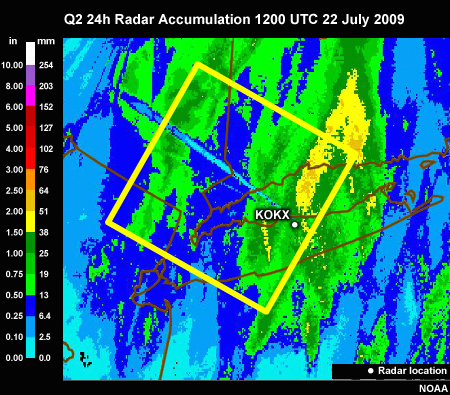 Q2 24-h Radar Precip from KOKX radar as of 1200 UTC 22 July 2009 showing beam blockage.