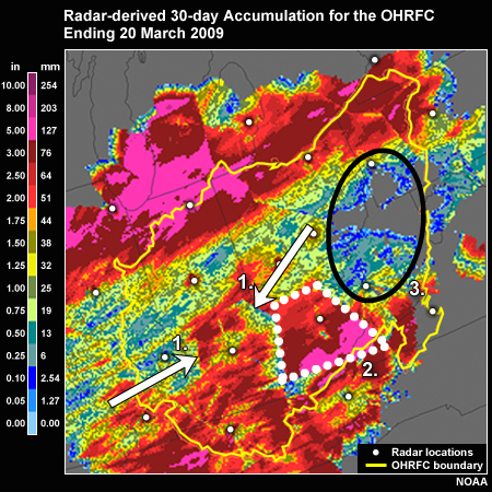 Unadjusted radar-derived QPE for the 30-day period ending 20 March 2009 for the OHRFC.
