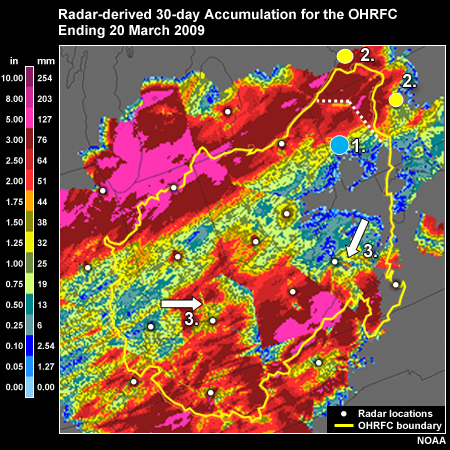 Unadjusted radar-derived QPE for the 30-day period ending 20 March 2009 for the OHRFC.