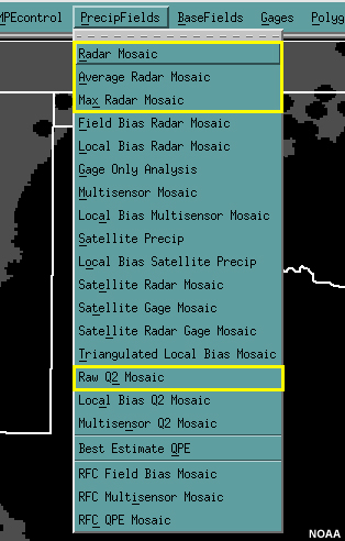 MPE PrecipFields menu - radar-only QPE fields