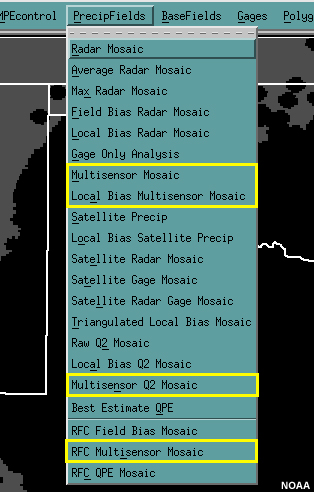 MPE PrecipFiels menu - multisensor items