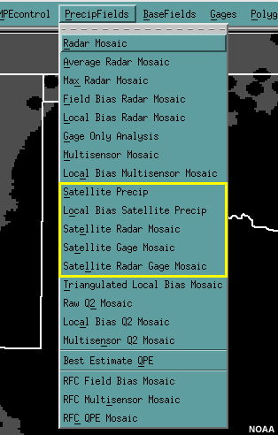 MPE PrecipFields menu - multisensor analyses that use radar and gauge QPE
