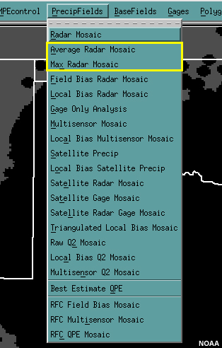 MPE PrecipFields Menu - Avg and max Radar Mosaic