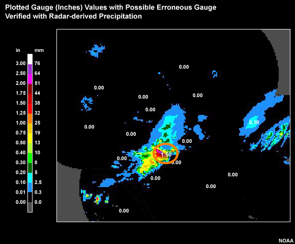 Gauge field with questionable non-zero gauge verified with radar-derived precipitation. 