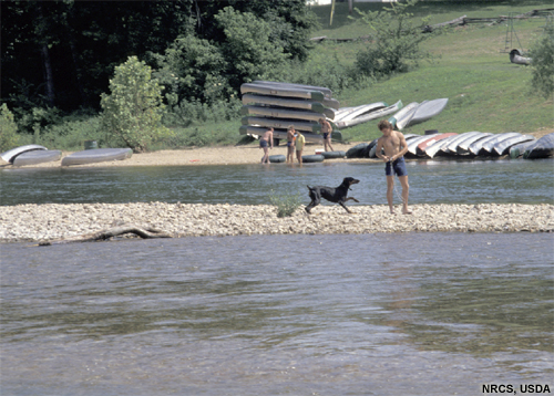 Photo of person playing on sandbar in river