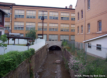 photo of stream passing under a school building