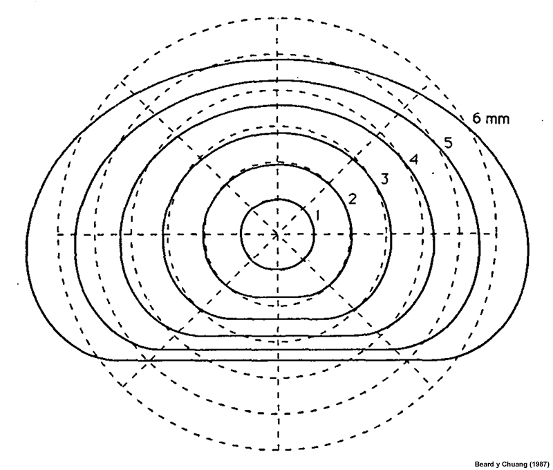 Ilustración de la forma de gotas de 1 a 6 mm de diámetro en equilibrio basada en algoritmos que relacionan la forma de las gotas con su diámetro.