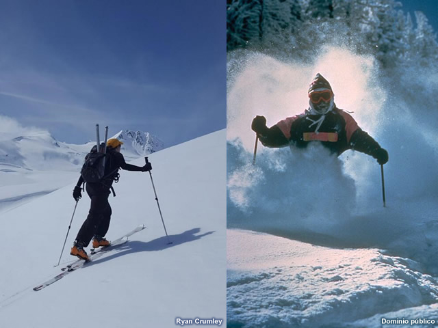 Dos esquiadores ilustran la gran diferencia que puede existir en la densidad de la nieve.