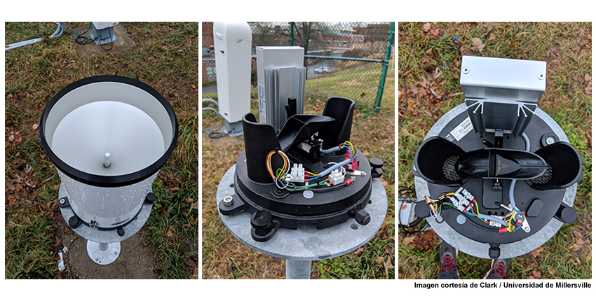 Pluviómetro de cubeta basculante de 20 cm con trampa de escombros (izquierda, en el centro del embudo) y unidad de calentamiento (4 °C) para medir el equivalente en líquido. Cuando la cubeta recoge 0,2 mm de agua líquida, su vuelco envía un pulso electrónico a la unidad de procesamiento de datos que registra el valor.