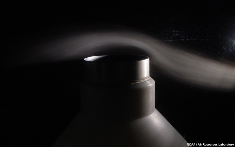Imagen del movimiento de una corriente de aire sobre la boca de un pluviómetro.