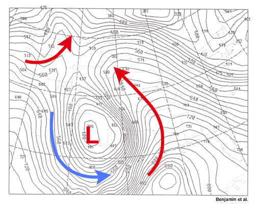 plan view map of pressure and wind barbs on the 300K surface