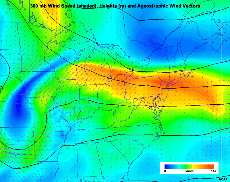 plan view of 300 mb isotachs and heights