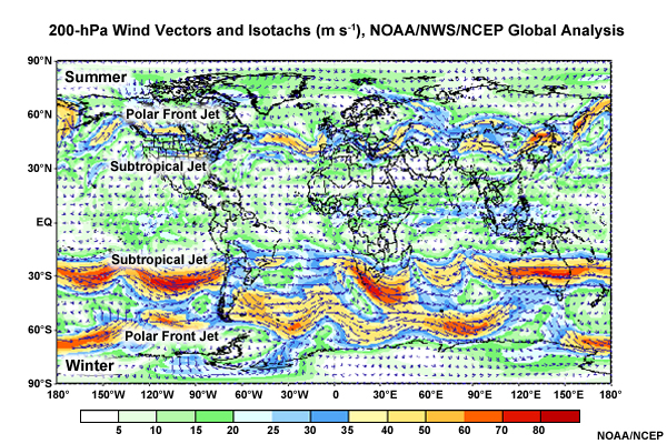 global 200 mb isotachs and wind vectors during northern hemisphere summer