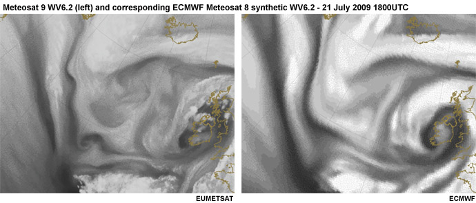 meteosat water vapor  image (left) and ecmwf synthetic water vapor image (right) 