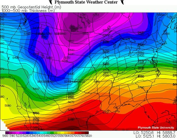 500 mb heights and color-shaded 500-1000mb thickness