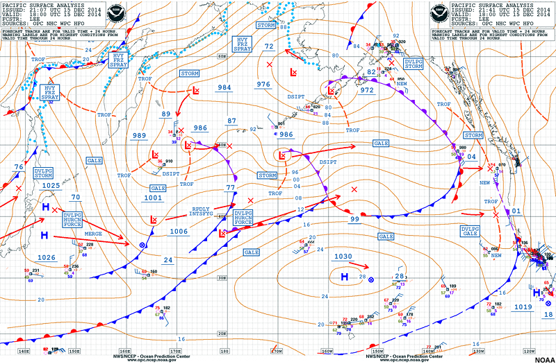 Pacific Ocean surface analysis 15 December 2014