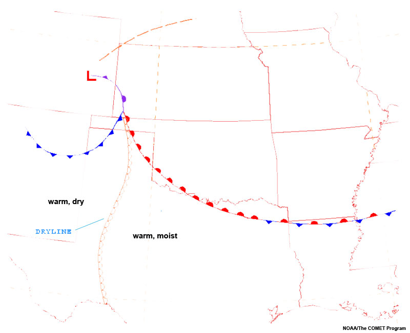 idealized surface analysis chart showing position of lee cyclone with trailing cold front, dryline and warm front.