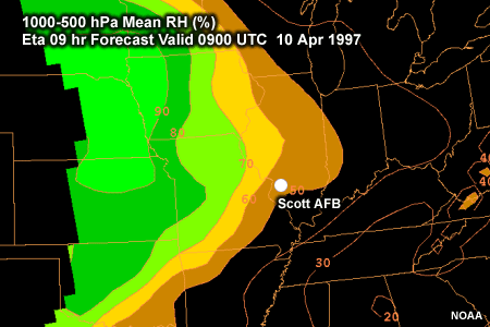 1000-500 hPa Mean RH (%) over the Midwestern US 50 km MASS 9 hr Forecast Valid 0900 UTC 10 Apr 1997
