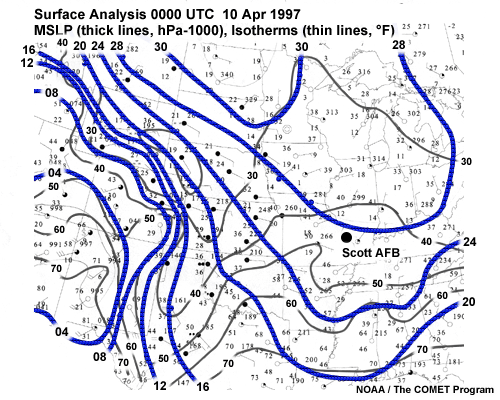 Surface Analysis Over the Central U.S. 0000 UTC 10 Apr 1997 MSLP = solid; Isotherms = dashed