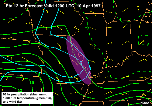 6-hr Precipitation (blue, mm), 1000 hPa Temperature (green, C) and Wind(kt). Eta 12 hr Forecast, 1200 UTC 10 April 1997.