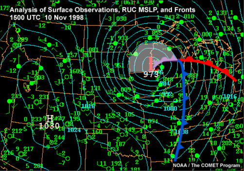 Surface Analysis of the central U.S. 1500 UTC 10 Nov 1998