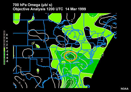 Omega over the coterminous U.S. Objective Analysis 1200 UTC 14 Mar 1999
