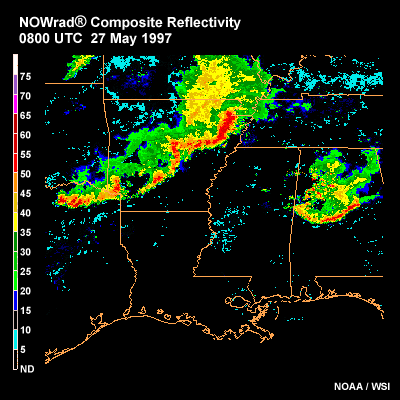 NOWrad 2 km radar image 0800 UTC 27 May 1997 showing bow echoes embedded within a longer squall line over Arkansas