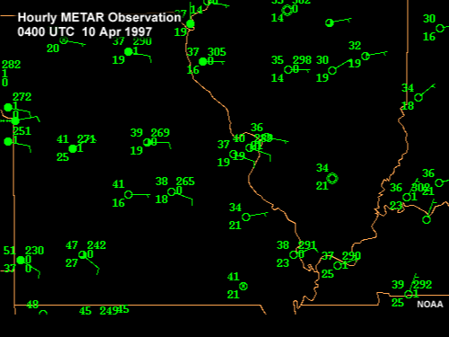 Hourly METAR observations in Missouri and Illinois 0000 to 2300 UTC 10 Apr 1997
