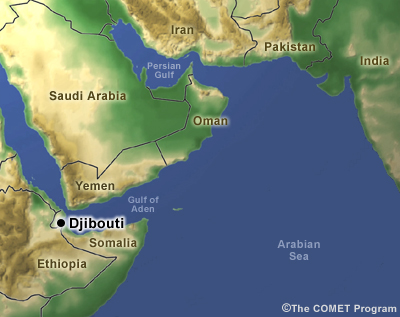 Shaded relief map of the Arabian sea with locations used in script