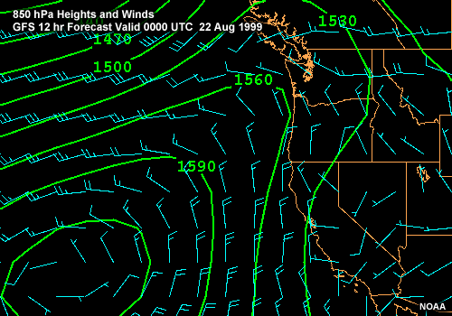 850 hPa heights and winds over California and adjacent Pacific Ocean. Eta 12-hr forecast valid 00 UTC 22 Aug 1999