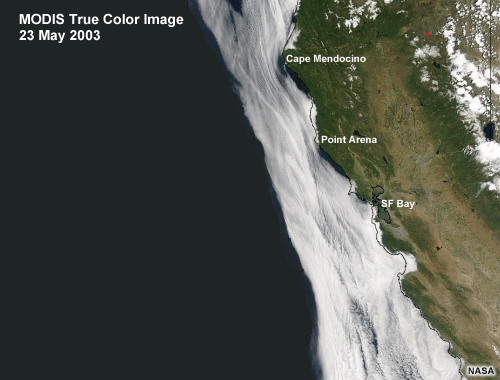 MODIS True Color Image along the California Coast, 23 May 2003, showing clearing of fog downwind of Cape Mendocino and Point Arena