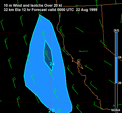 10-m Wind and Isotachs over 20 kt along the California Coast. 32-km Eta 12-hr forecast valid 0000 UTC 22 Aug 1999