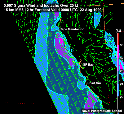 0.997-sigma Wind and Isotachs over 20 kt along the California Coast. 15-km MM5 12-hr forecast valid 0000 UTC 22 Aug 1999