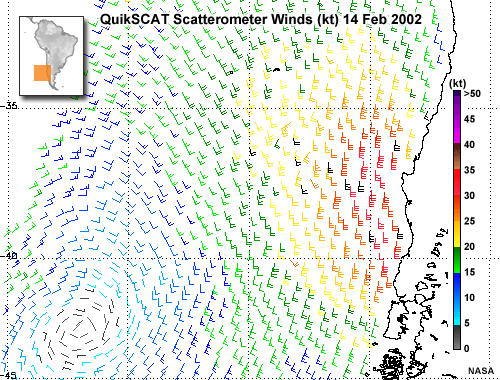 QuikSCAT satellite-derived winds off Chile, 14-Feb-2002
