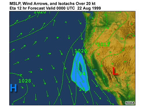 Wind arrows, isotachs over 20 kt, and MSLP for Eastern Pacific and US West Coast. Eta 12 hr Forecast Valid 0000 UTC 22 Aug 1999