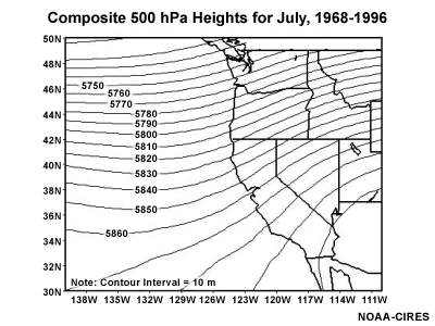 Composite 500-mb heights for the month of July over the western US and Eastern Pacific, 1968-1996