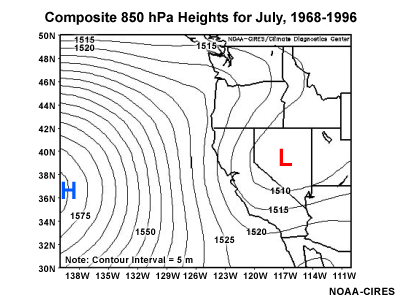 Composite 850-mb heights for the month of July over the western US and Eastern Pacific, 1968-1996