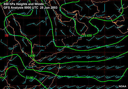 850 hPa heights and winds over the NW Arabian Sea. GFS analysis 0000 UTC 25 Jun 2003