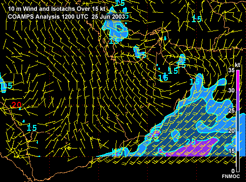 10-m Wind and Isotachs above 15 kt over the Arabian Peninsula and Arabian Sea. COAMPS Analysis 1200 UTC 25 Jun 2003