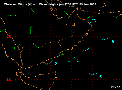Observed winds (kt) and wave heights (m) over the Western Arabian Sea. 1200 UTC 25 Jun 2003