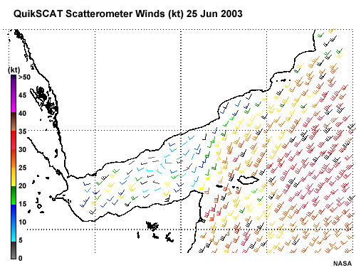 QuikSCAT scatterometer winds over the Western Arabian Sea, 25 Jun 2003