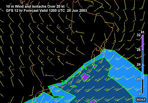 10-m Wind and Isotachs over 20 kt along the Oman Coast. GFS 12-hr Forecast Valid 1200 UTC 25 Jun 2003