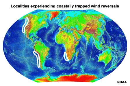 World map with high lights on west coast of U.S., Chile, S. Africa.