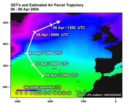SST map of North Atlantic for 7 Apr 2004 with wind trajectory overlaid