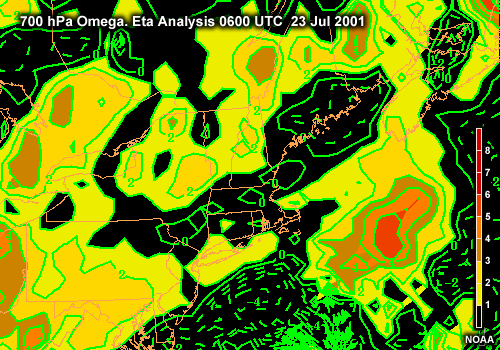 700 hPa Omega over New England and adjacent Atlantic Ocean, Eta Analysis 0600 UTC 23 Jul 2001